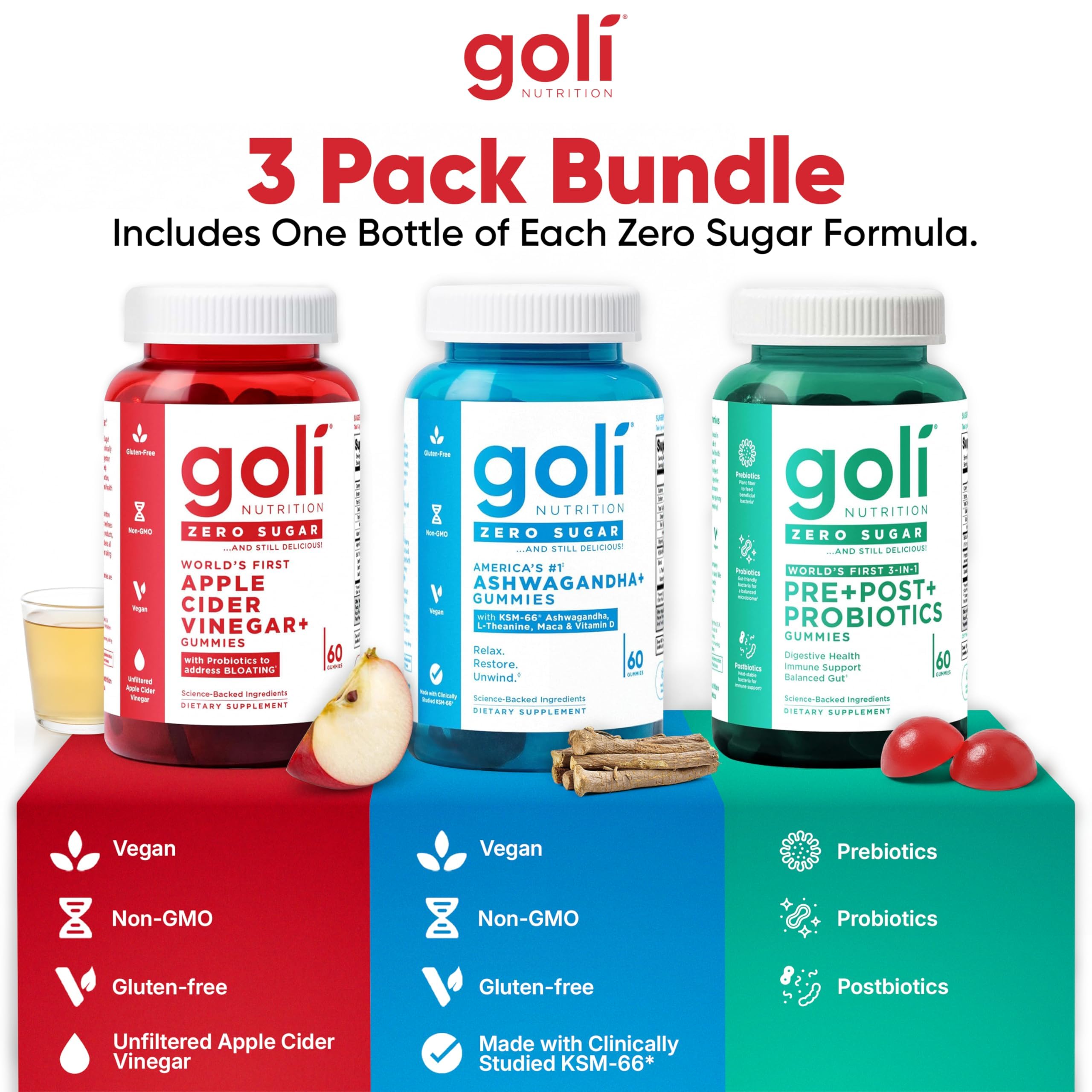 Goli Zero Sugar Trio - World's First 3-in-1 Pre, Post, Probiotic, Apple Cider Vinegar with Vitamin B12 and Probiotics, Ashwagandha & L-Theanine, Vitamin D Gummies, 90 Count (3-Bottle Set)