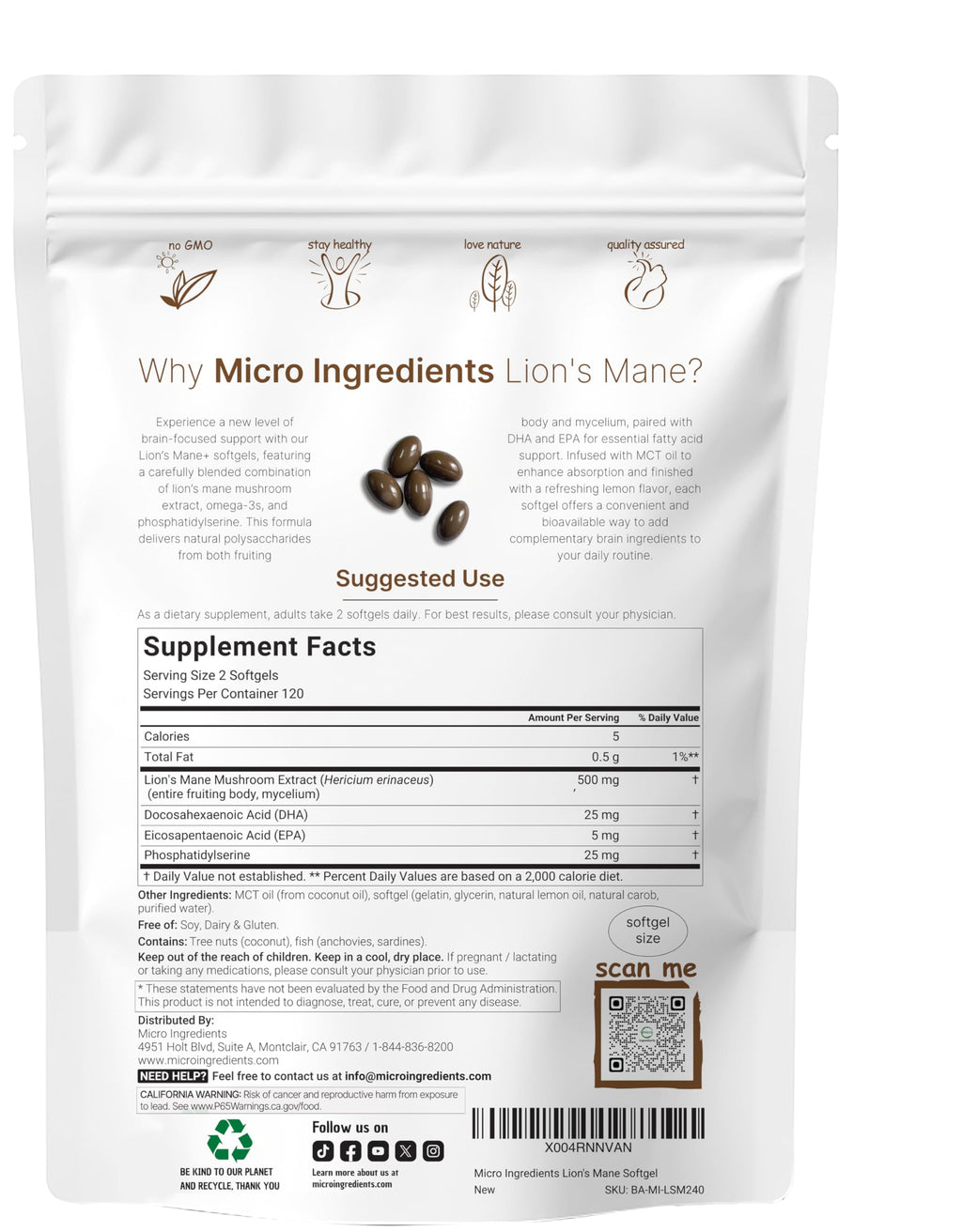 Micro Ingredients Lions Mane+ with Omega-3 EPA DHA & Phosphatidylserine – 240 Softgels with MCT Oil for Better Absorption – Fruiting Body & Mycelium Superfood Mushroom Extract – Lemon Flavored