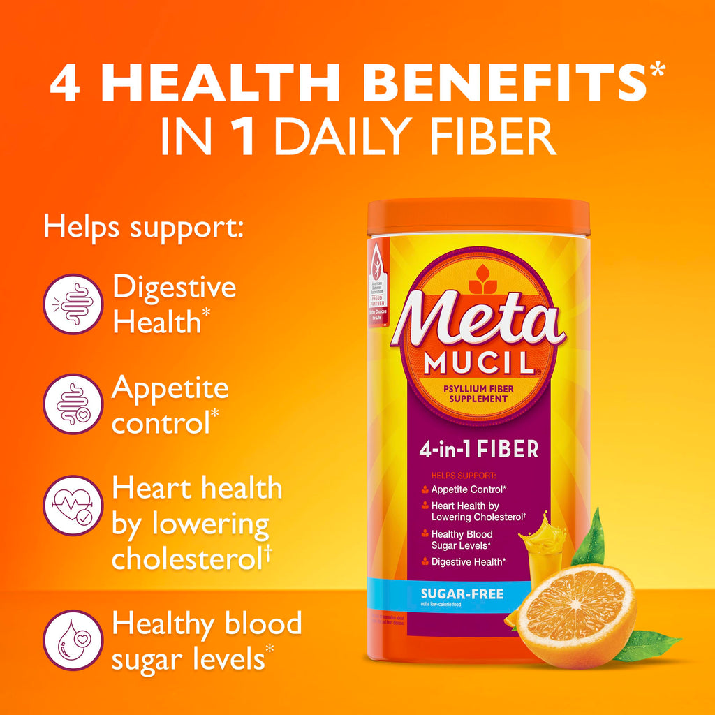 Metamucil 4-in-1 Psyllium Husk GLP-1 Friendly Fiber Supplement, Sugar-Free, 180 teaspoons, Orange Flavored, Daily Fiber Powder for Digestive Health, made with Plant-Based Psyllium Husk Fiber