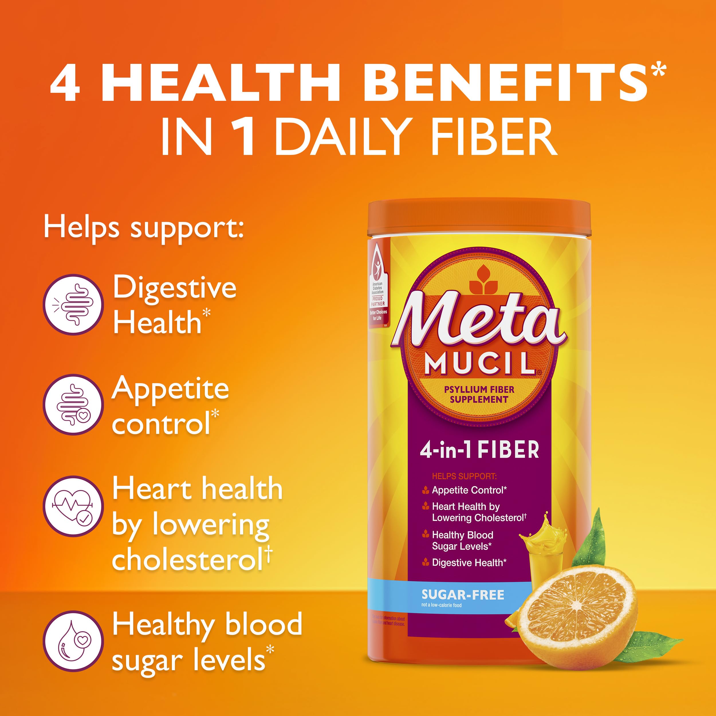 Metamucil 4-in-1 Psyllium Husk GLP-1 Friendly Fiber Supplement, Sugar-Free, 114 teaspoons, Orange Flavored, Daily Fiber Powder for Digestive Health, made with Plant-Based Psyllium Husk Fiber
