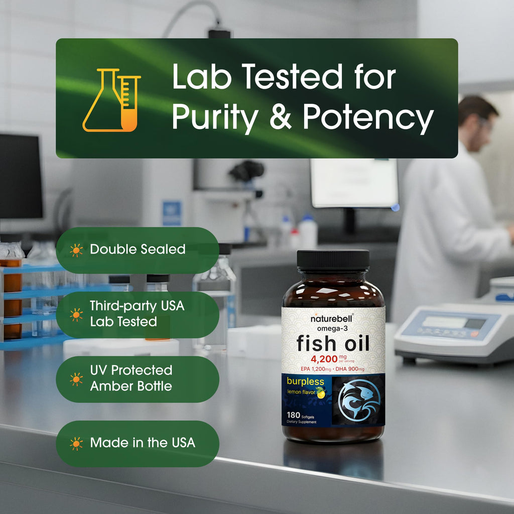 NatureBell Omega-3 Fish Oil - 180 Softgels - Support for Joint, Brain & Heart Health* - with EPA & DHA - No Burps or Fishy Aftertaste - Non-GMO & Mercury-Free Formula - Lemon Flavor