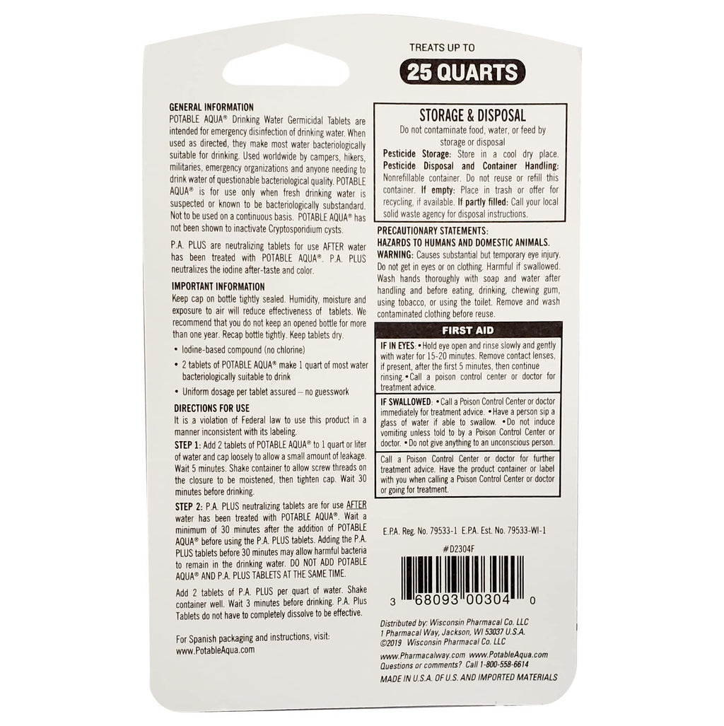 Buy now Potable Aqua Water Purification Tablets With PA Plus - Two 50 count Bottles at indiglob india