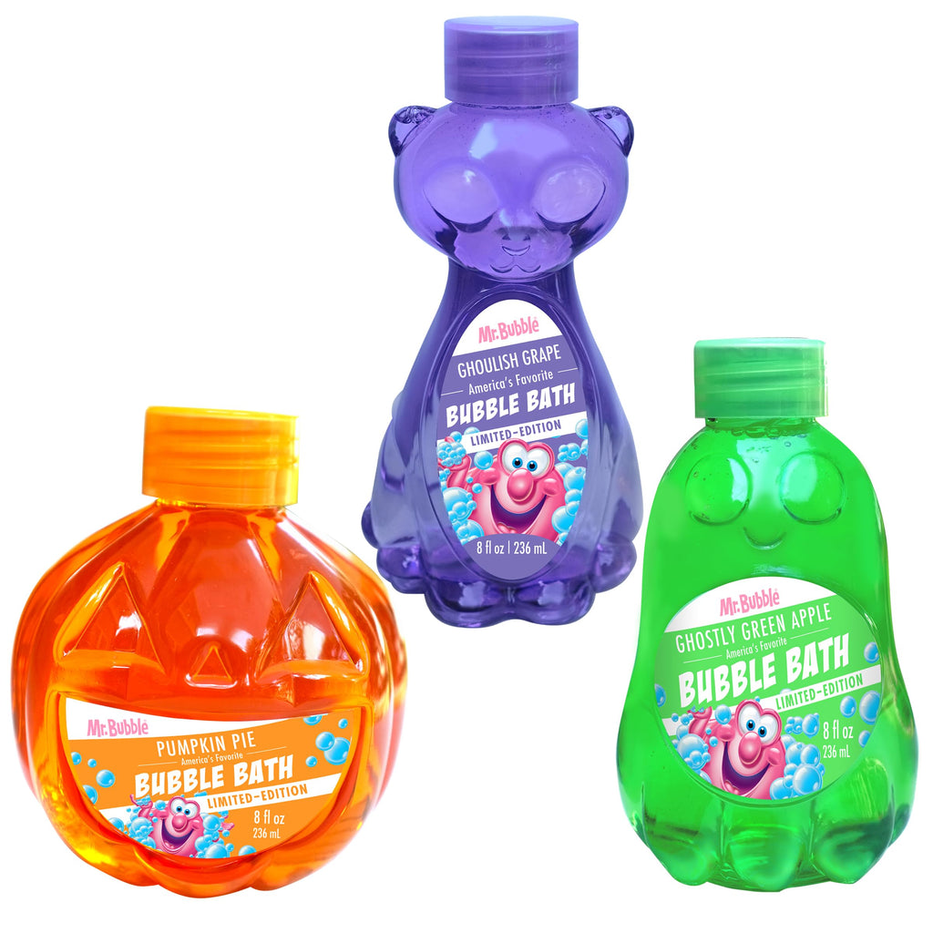 Mr. Bubble Halloween Bubble Bath 3-Pack – Ghost, Cat & Pumpkin Collectible Bottles – Green Apple, Grape & Pumpkin Pie Scents – Kids Bubble Bath Set, 8 oz Each
