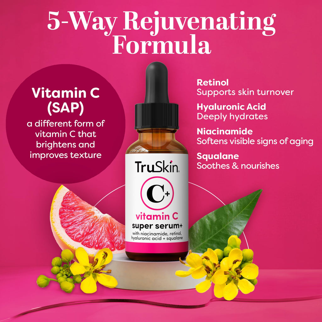 TruSkin Vitamin C Super Serum for Face, 5 Skin Benefits, 2 fl oz | Vitamin C, Retinol, Niacinamide, Hyaluronic Acid and Squalane to brighten, firm, smooth, hydrate, and refine skin