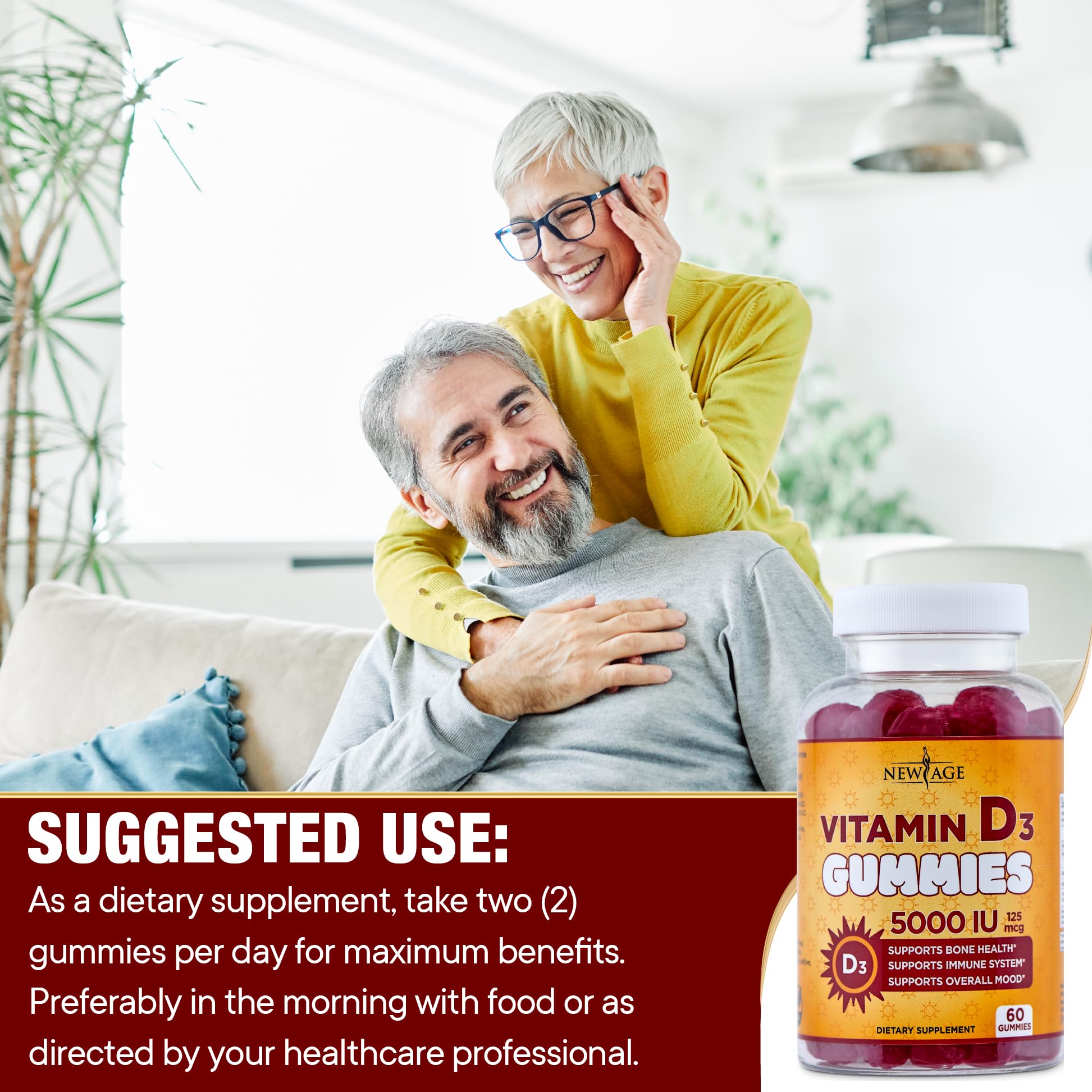 NEW AGE Vitamin D3 5000 IU 125mcg Gummies - Immune Supplement - Non-GMO, Gluten-Free, Dairy-Free, No Gelatin (120 Gummies (Pack of 2))
