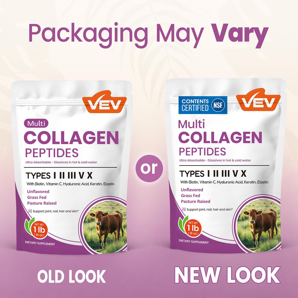 VEV Multi Collagen Peptides Powder, Types I, II, III, V & X, 41 Servings | NSF Certified, Hydrolyzed Collagen with Hyaluronic Acid, Biotin & Vitamin C, Unflavored, 16 oz