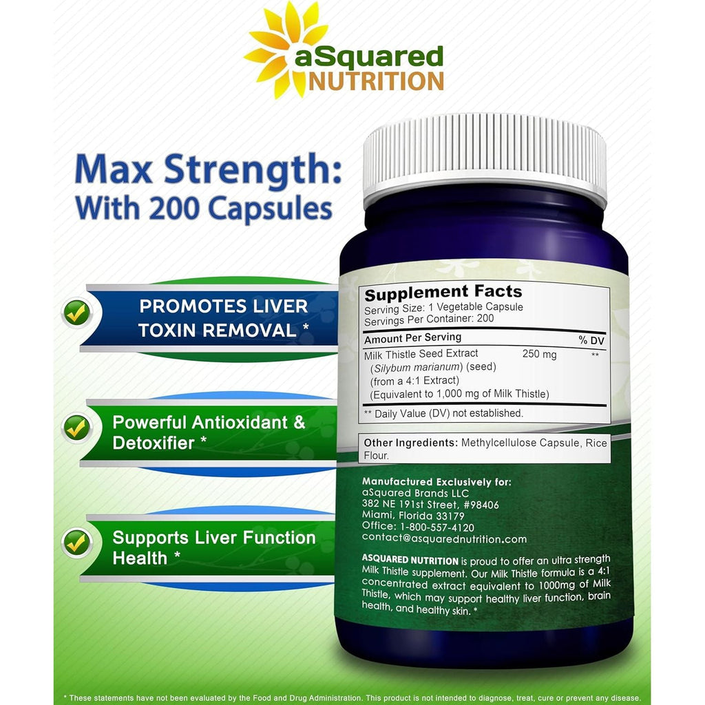 Buy now aSquared Nutrition Milk Thistle Supplement 1000mg-200 Capsules,Max Strength 4X Concentrated Extract 4:1 Milk Thistle Seed Powder Herb Pills, 1000 mg Silymarin Extract for Liver Support, Cleanse, Detox at indiglob india