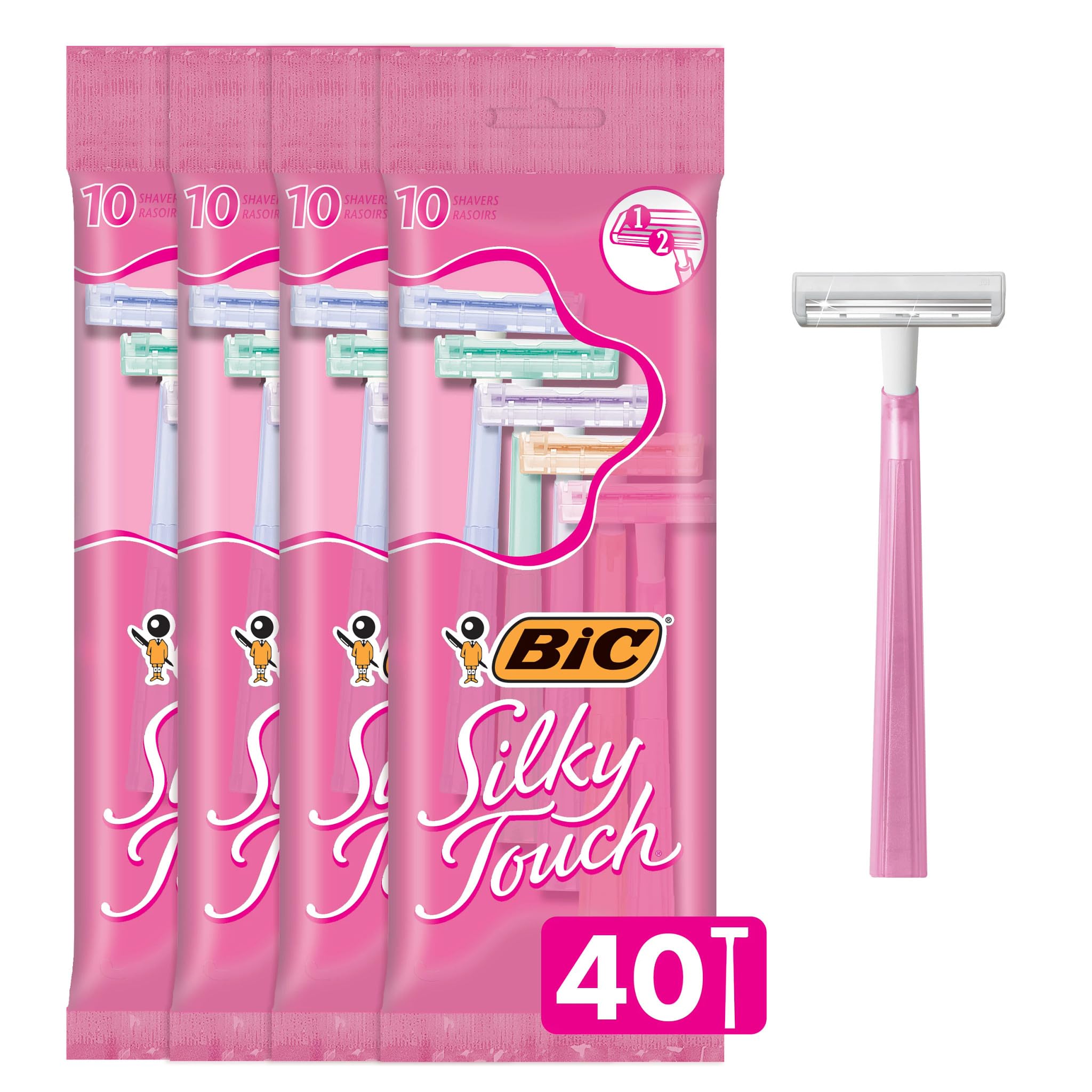 BIC Silky Touch Womens Disposable Razors, 2-Blade, Travel Covers, 40-Pack