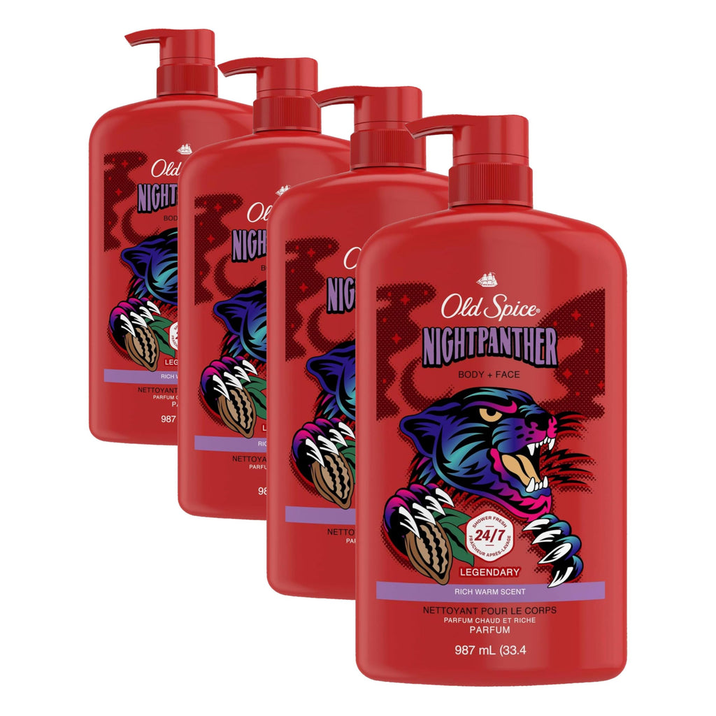 Old Spice Cleansing Body Wash for Men, 3X Defense, 24/7 Shower Fresh with Lasting Scent, 2 in 1 Body and Face Wash, Daily Men’s Wash and Shower Gel, NightPanther Rich Warm Masculine Scent, 33.4 oz