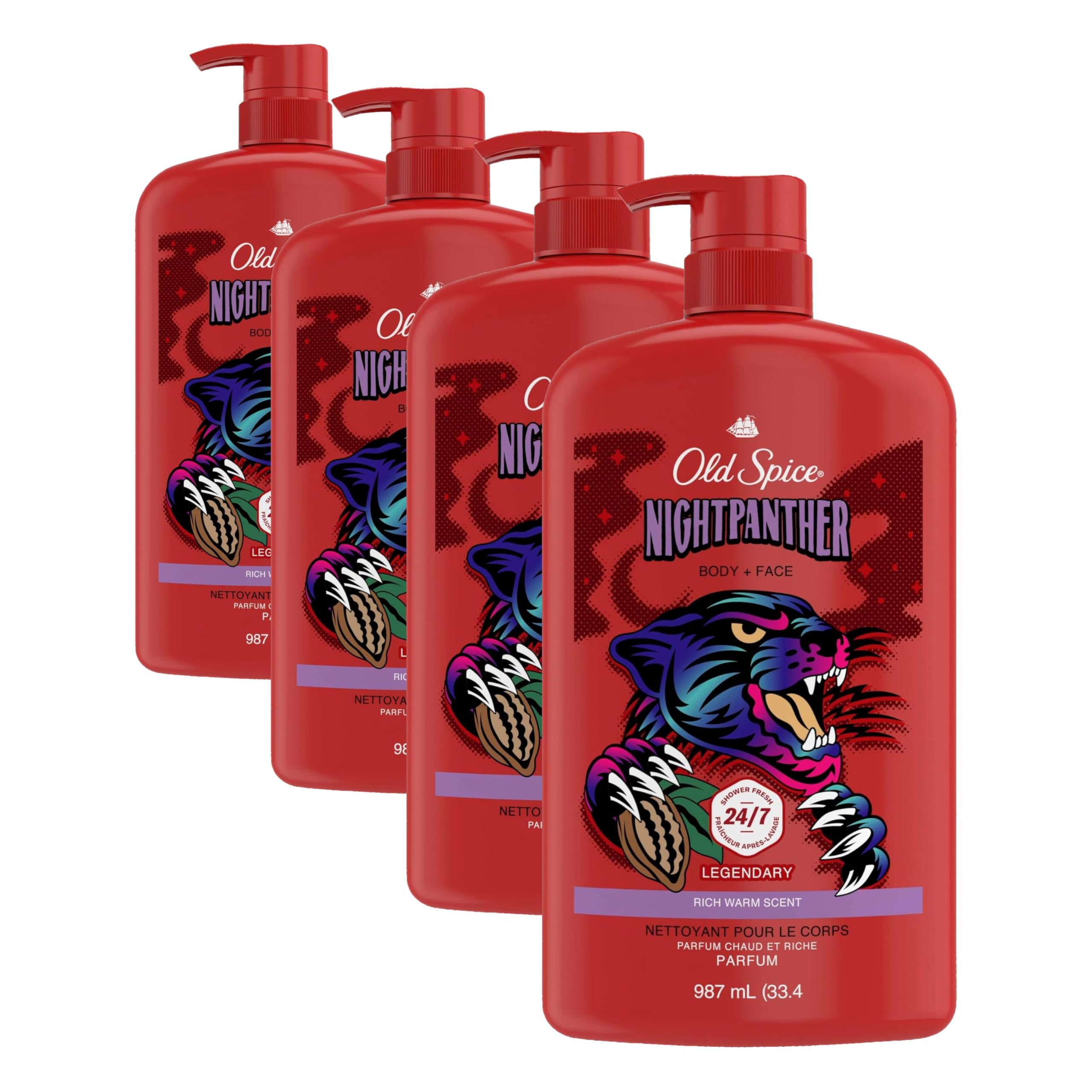 Old Spice Cleansing Body Wash for Men, 3X Defense, 24/7 Shower Fresh with Lasting Scent, 2 in 1 Body and Face Wash, Daily Men’s Wash and Shower Gel, NightPanther Rich Warm Masculine Scent, 33.4 oz