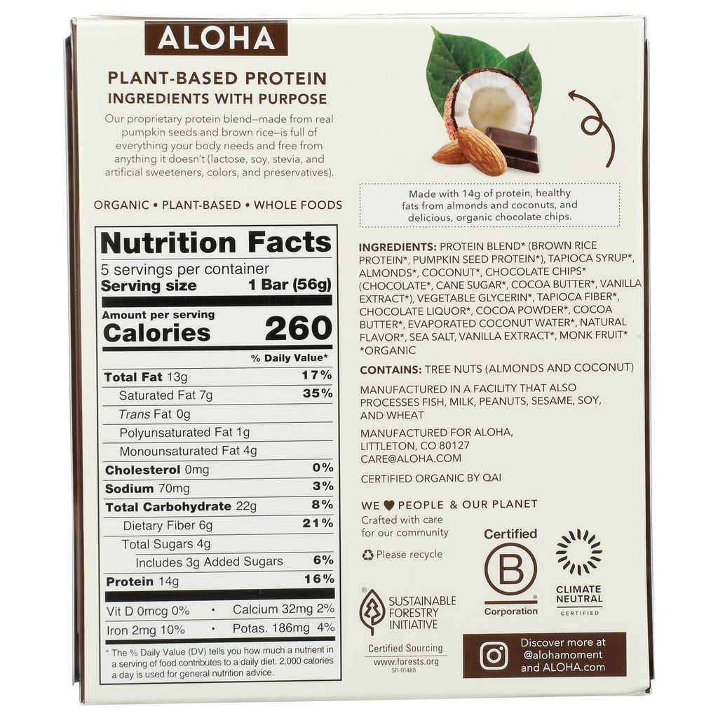 Aloha Organic Coconut Chocolate Almond Protein Bar 5 Count, 1.98 OZ