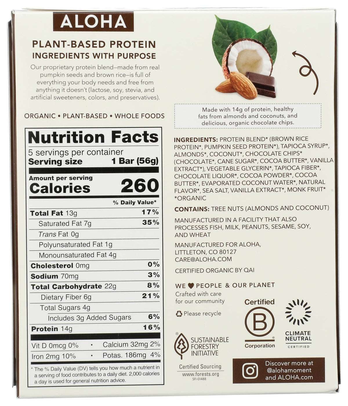 Aloha Organic Coconut Chocolate Almond Protein Bar 5 Count, 1.98 OZ
