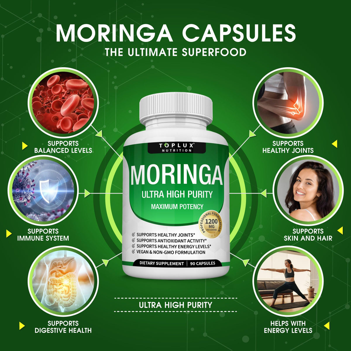 Toplux Moringa Capsules 1200mg – Pure Moringa Powder High Potency Leaf Extract Green Superfood Rich in Antioxidant, for Energy & Immune Support, Vegan Non-GMO 90 Capsules