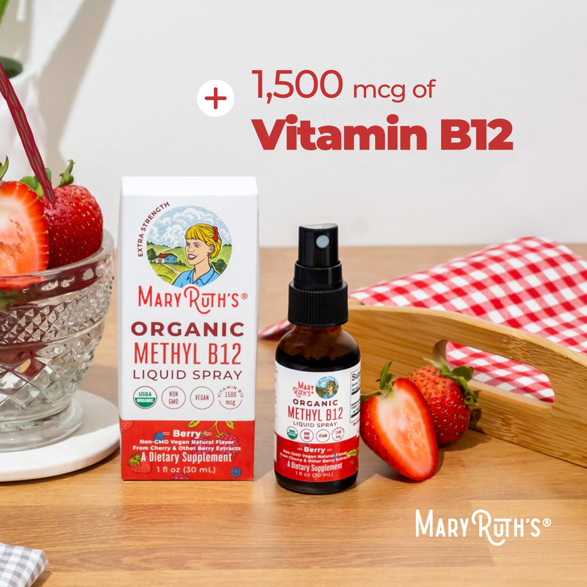 MARYRUTH'S Organic Methyl B12 Spray, 1,500 mcg B12 Per Serving, 1 Fl Oz | Energy Metabolism Support, Gluten Free, Vegan, Non-GMO