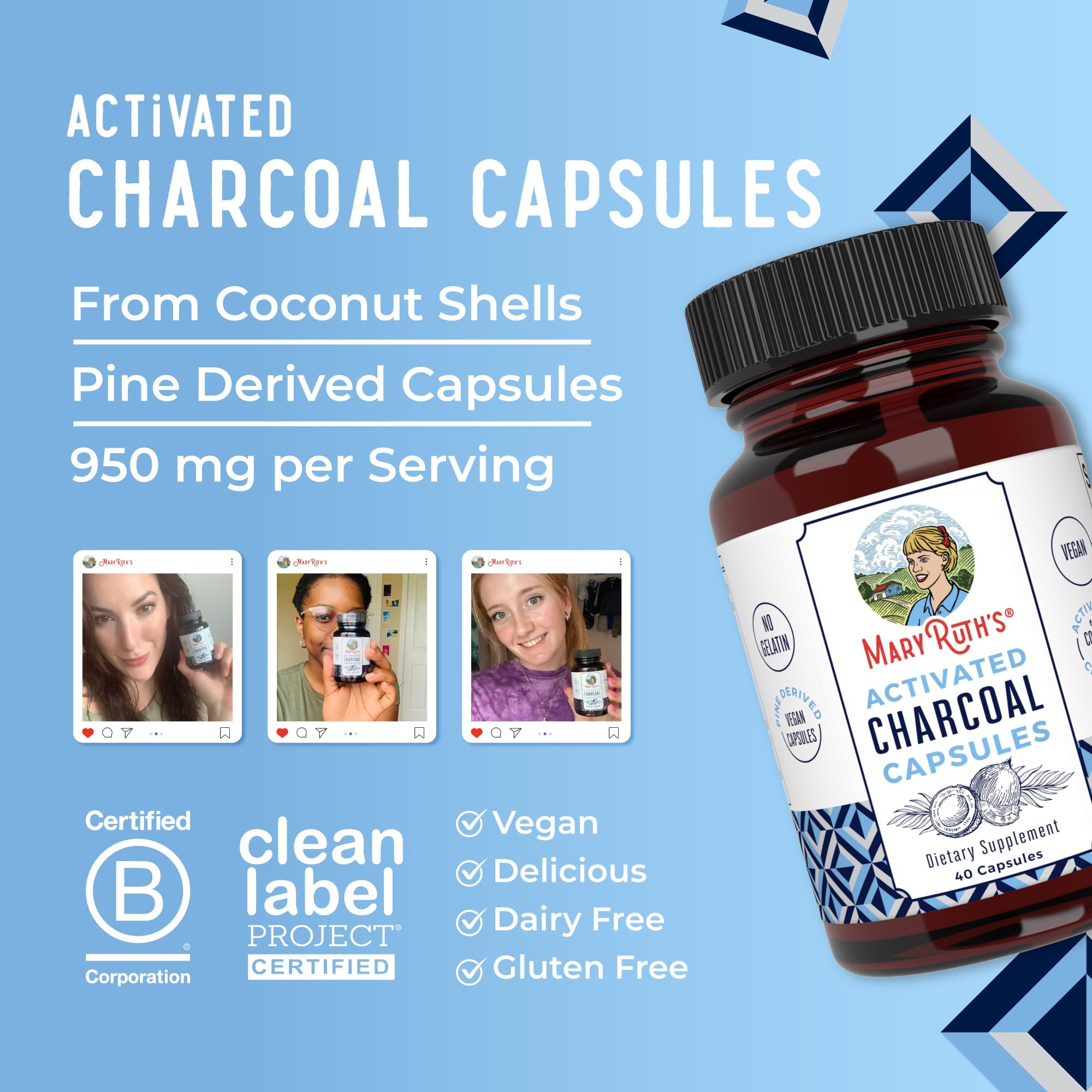 MARYRUTH'S Activated Charcoal Capsules, 950 mg, Non-GMO, Vegan, 40 Count | Substance Adsorption, Derived from Coconut Shells, Vegan Capsules from Pine Trees, Gluten Free