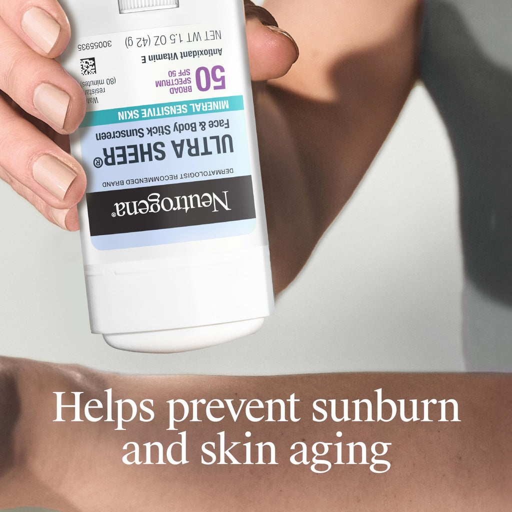 Neutrogena Ultra Sheer Mineral Sunscreen Stick SPF 50, 1.5 oz | Sensitive Skin, Zinc Oxide, Face & Body Sunscreen, Vitamin E, No White Residue, Vegan