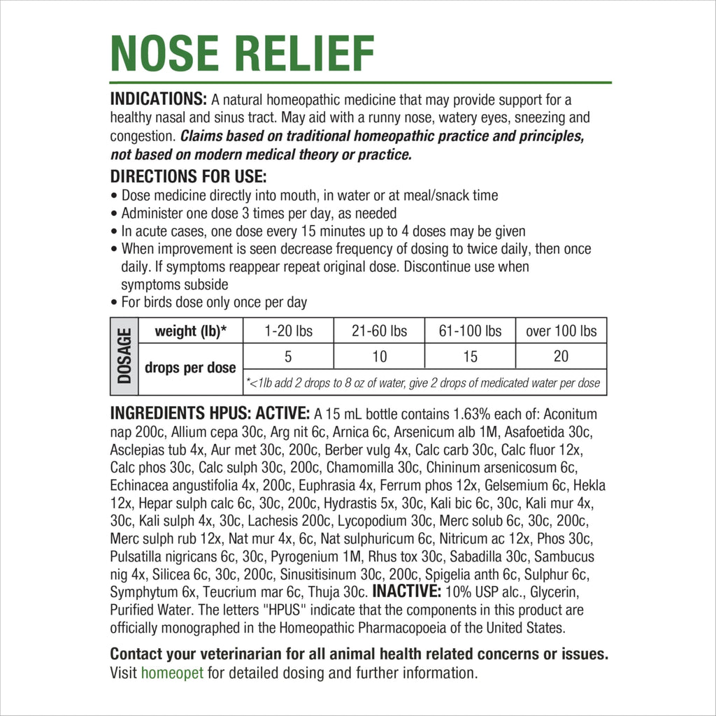 HomeoPet Nose Relief, Sinus Supplement for Dogs and Cats, 15 Milliliters
