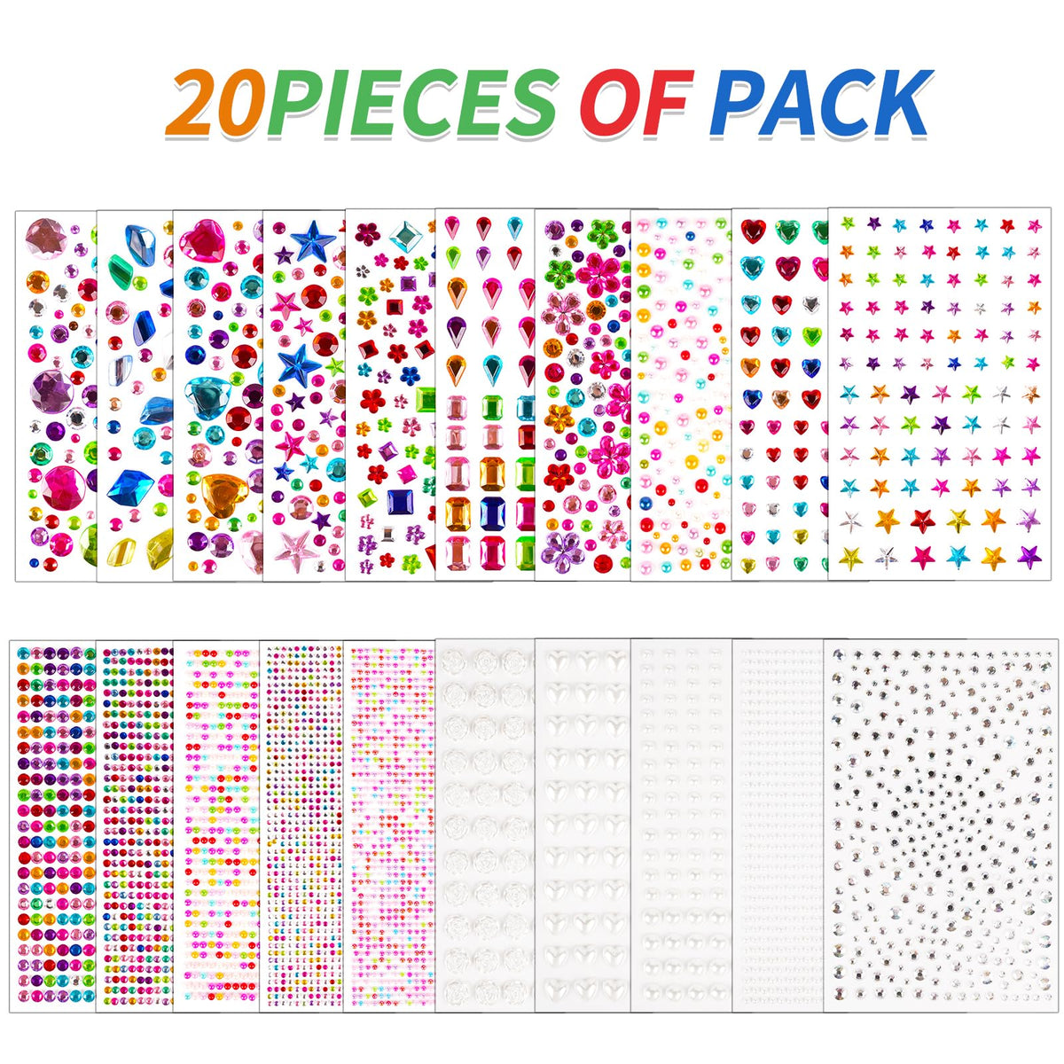 7560pcs Gem Stickers - 20 Sheets Self-Adhesive Rhinestone Acrylic Bling Jewels for Crafts, DIY Projects, Party Decorations with Heart Star Round Pearl Flower Square Shapes