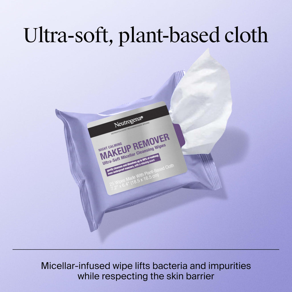 Buy now Neutrogena Makeup Remover Night Calming Cleansing Towelettes, Disposable Nighttime Face Wipes to Remove Dirt, Oil & Makeup, 25 ct at indiglob india