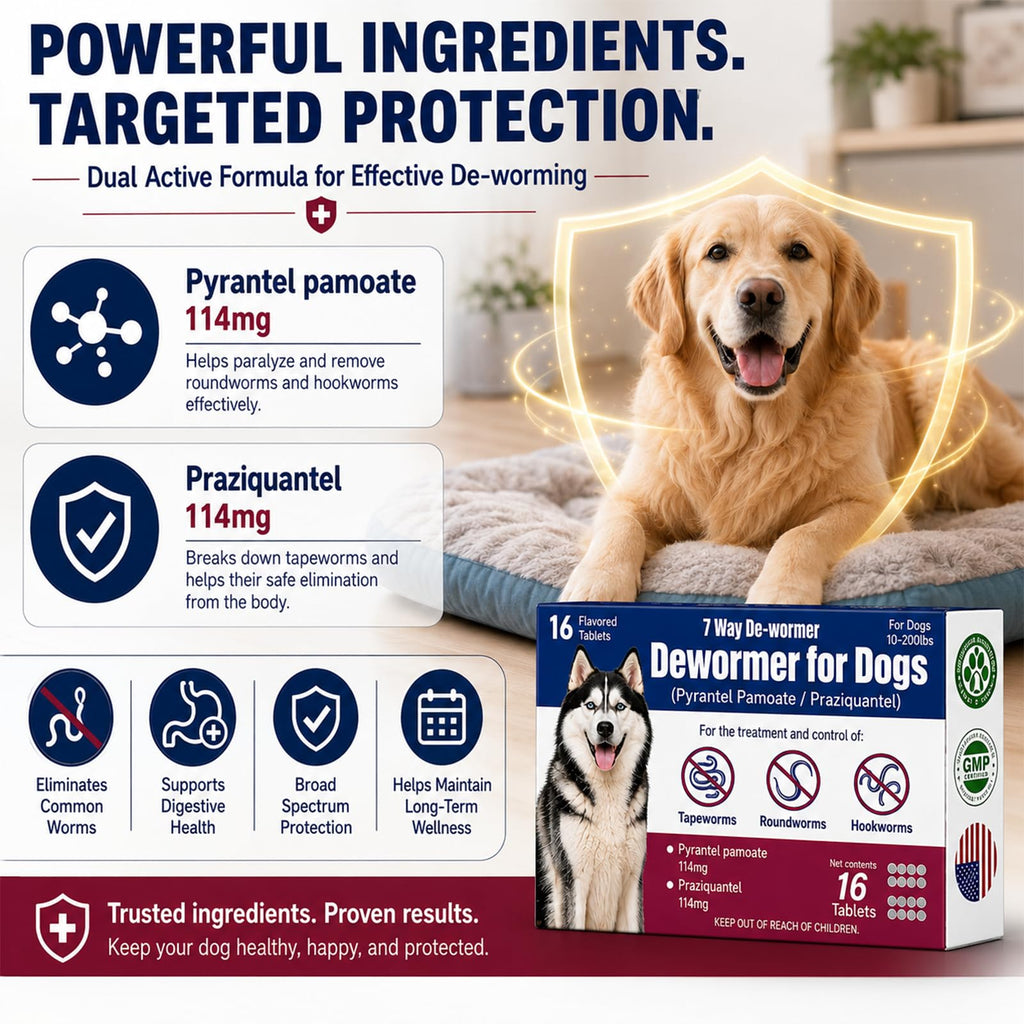 7-Way Dewormer for Dogs, Wormer for Tapeworms, Roundworms & Hookworms in Large Medium Dogs & Puppies (Over 10 lbs), with Praziquantel & Pyrantel Pamoate, 16 Tablets