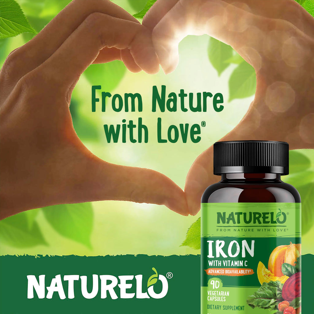 NATURELO Vegan Iron Supplement with Vitamin C & Organic Whole Foods, 90 Ct | Gentle Iron Capsules for Women & Men with this Mineral Deficiency - Including Pregnancy, Anemia and Vegan Diets