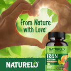 NATURELO Vegan Iron Supplement with Vitamin C & Organic Whole Foods, 90 Ct | Gentle Iron Capsules for Women & Men with this Mineral Deficiency - Including Pregnancy, Anemia and Vegan Diets