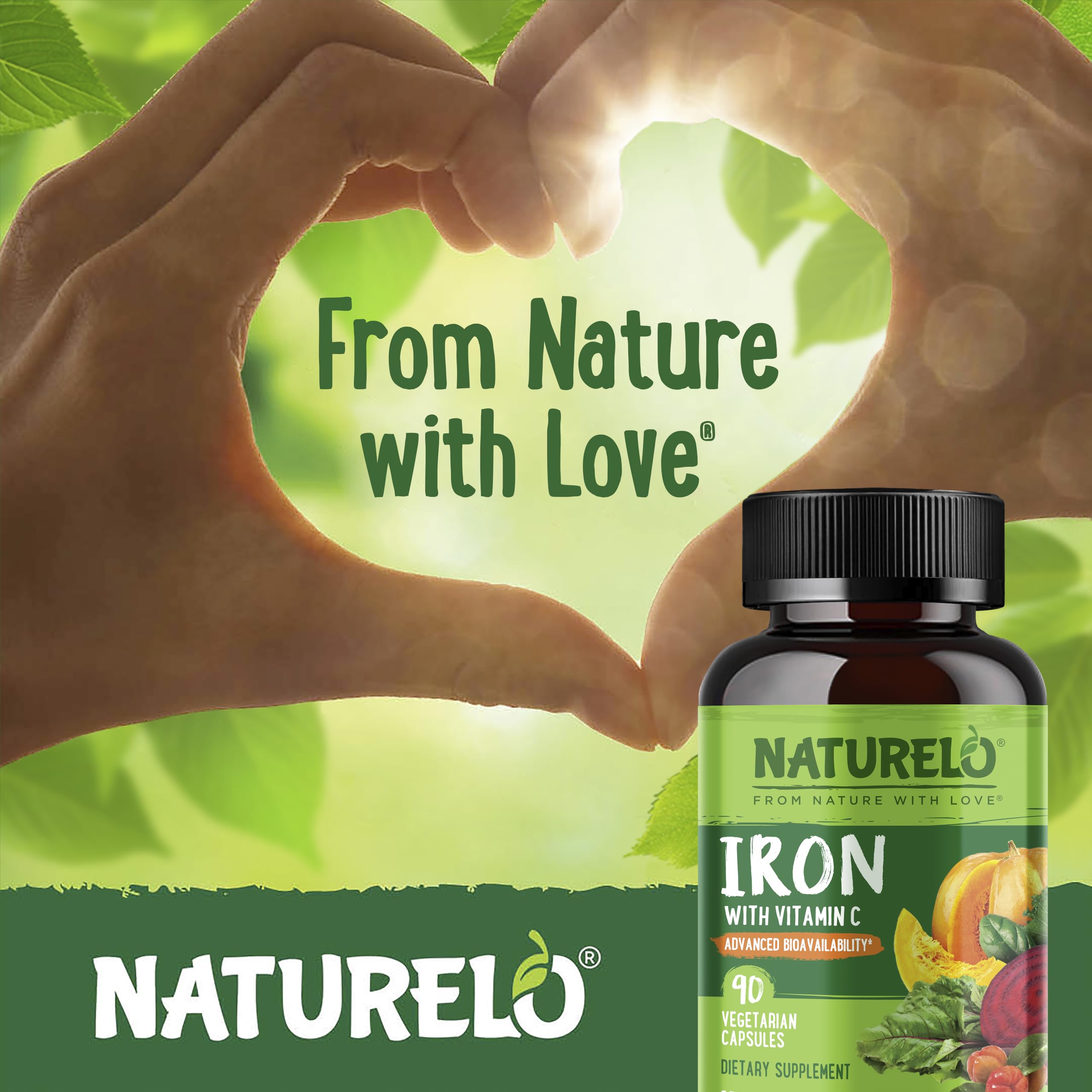 NATURELO Vegan Iron Supplement with Vitamin C & Organic Whole Foods, 90 Ct | Gentle Iron Capsules for Women & Men with this Mineral Deficiency - Including Pregnancy, Anemia and Vegan Diets