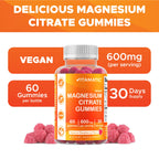 Vitamatic Magnesium Citrate Gummies, 600 mg, 60 Vegan Gummies | 600 mg Magneisum Citrate Per Serving with 70 mg of Elemental Mg, Natural Raspberry Flavor, Non-GMO, Gluten Free, Pectin Based