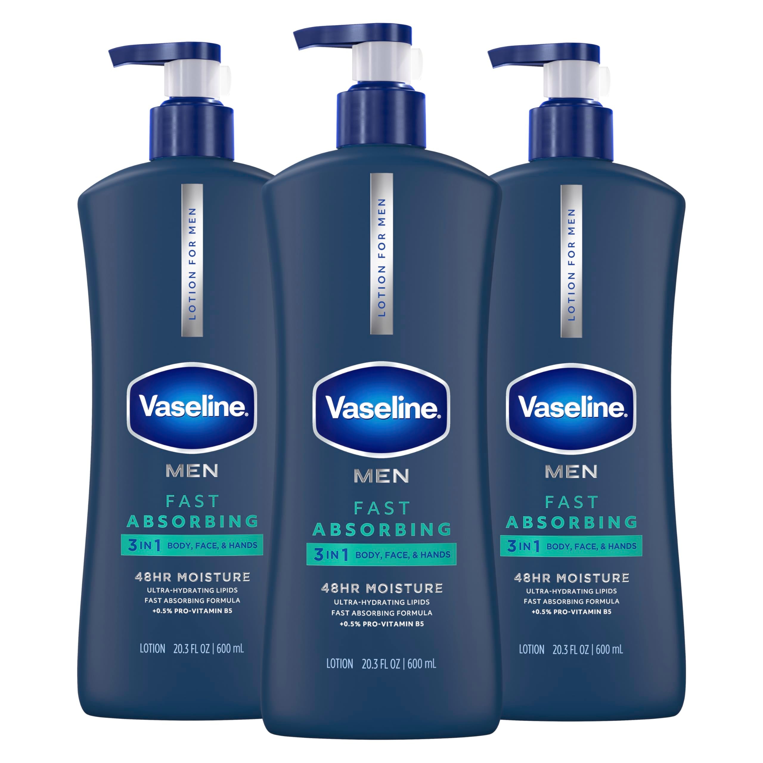 Vaseline Men Fast Absorbing 3in1 Hand, Body & Face Lotion 20.3oz 3ct | Body moisturizer for men provides 48HR moisture, restores skin hydration, absorbs fast with a non-greasy feel, for dry skin