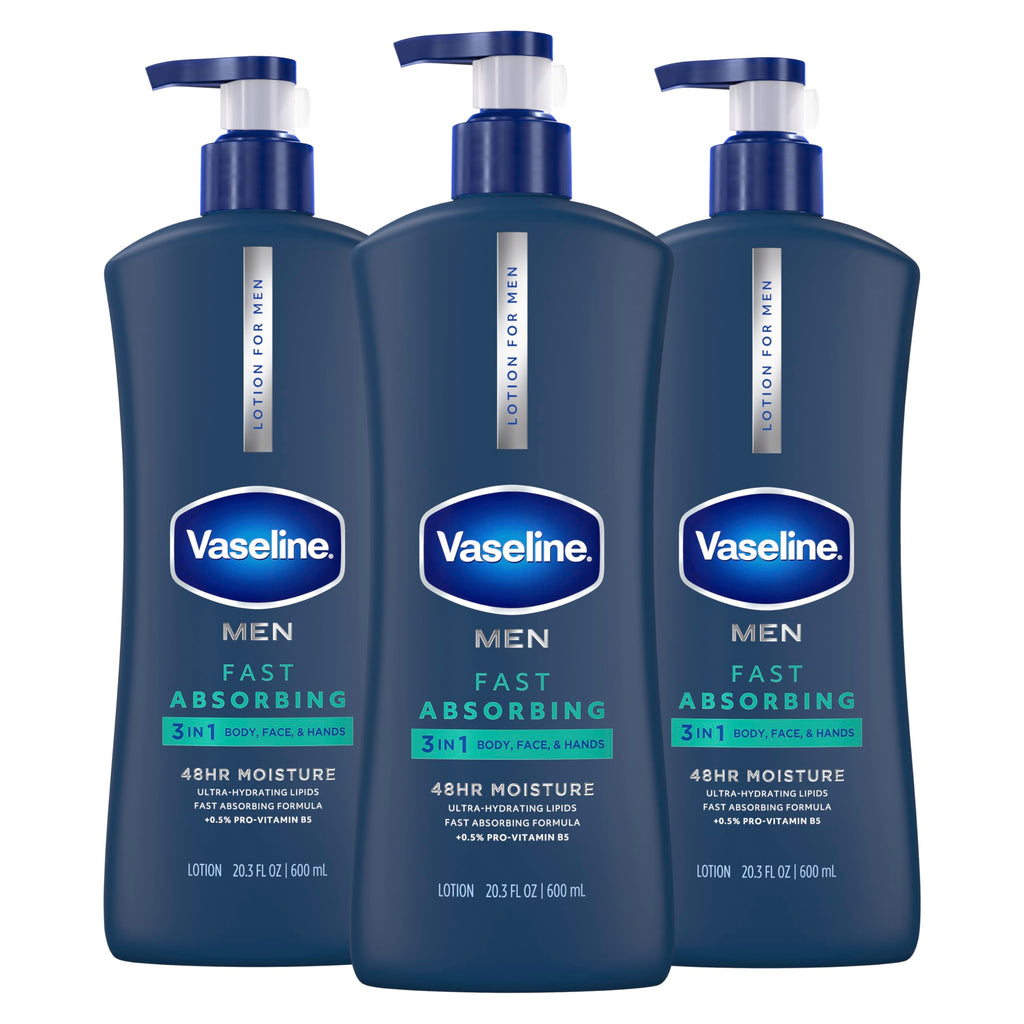 Vaseline Men Fast Absorbing 3in1 Hand, Body & Face Lotion 20.3oz 3ct | Body moisturizer for men provides 48HR moisture, restores skin hydration, absorbs fast with a non-greasy feel, for dry skin