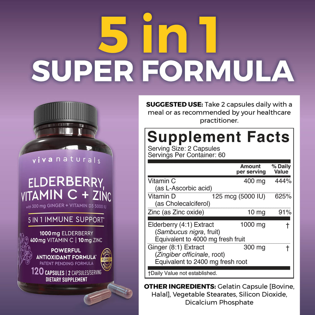 Viva Naturals Elderberry with Vitamin C and Zinc for Adults - 5 in 1 Sambucus Black Elderberry Capsules with Vitamin D3 5000 IU Immunity Supplement, Sambucus Elderberry Immune Support Supplement
