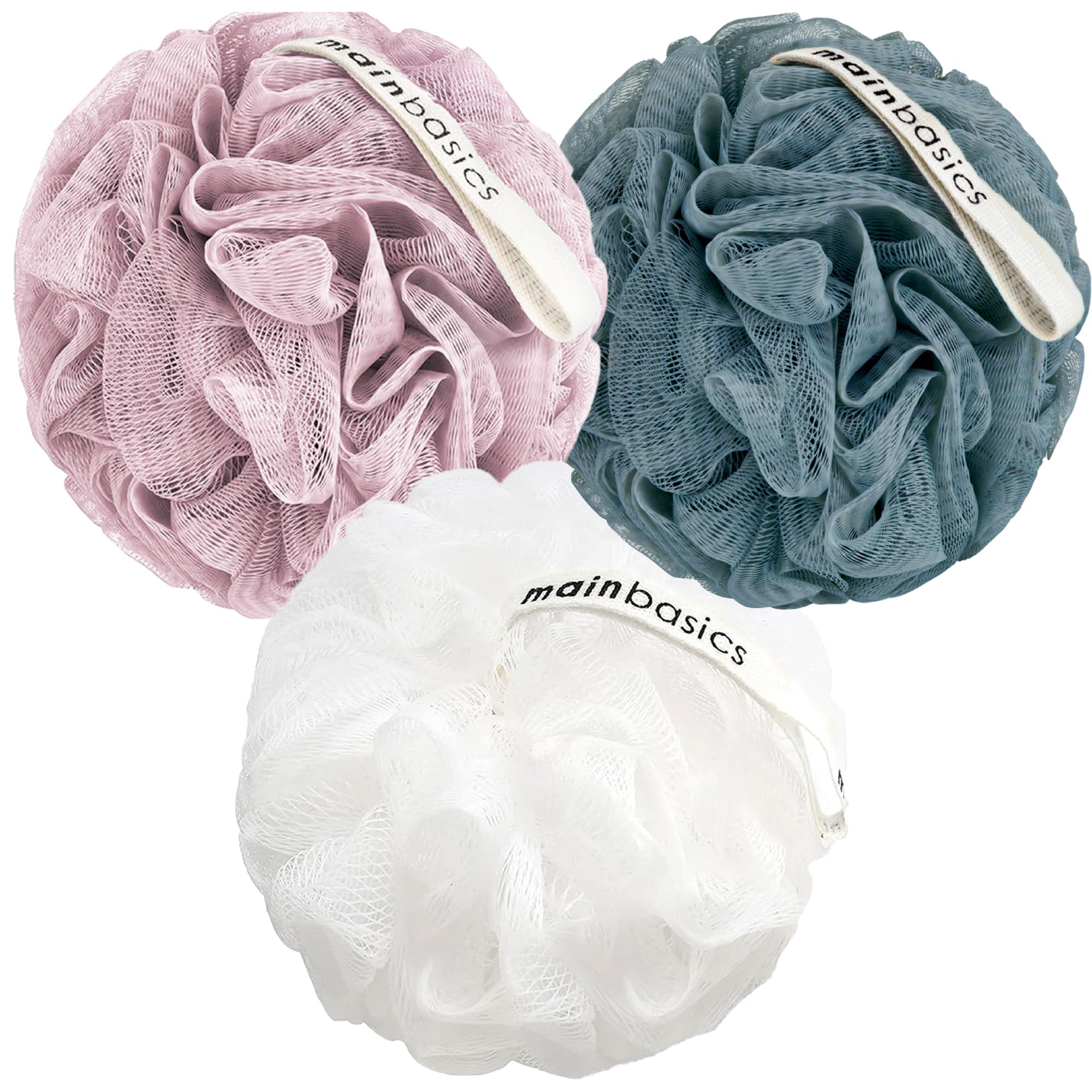 Buy now MainBasics Seaweed Infused Bath Shower Loofah Sponge Pouf Body Wash Scrubber (Set of 3) Airy Blossom at indiglob india