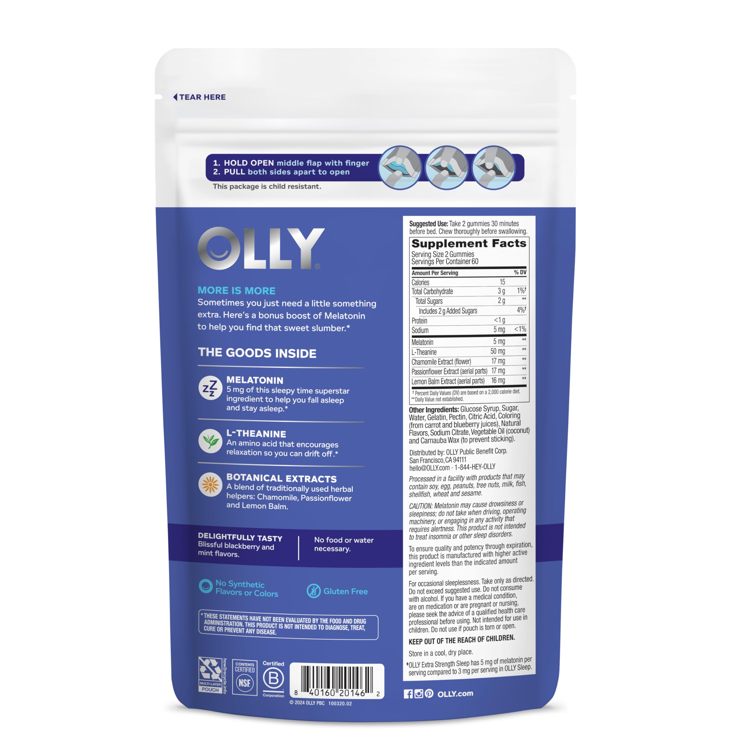 OLLY Extra Strength Sleep Pouch, 5 mg Melatonin, L-Theanine - 120 Count