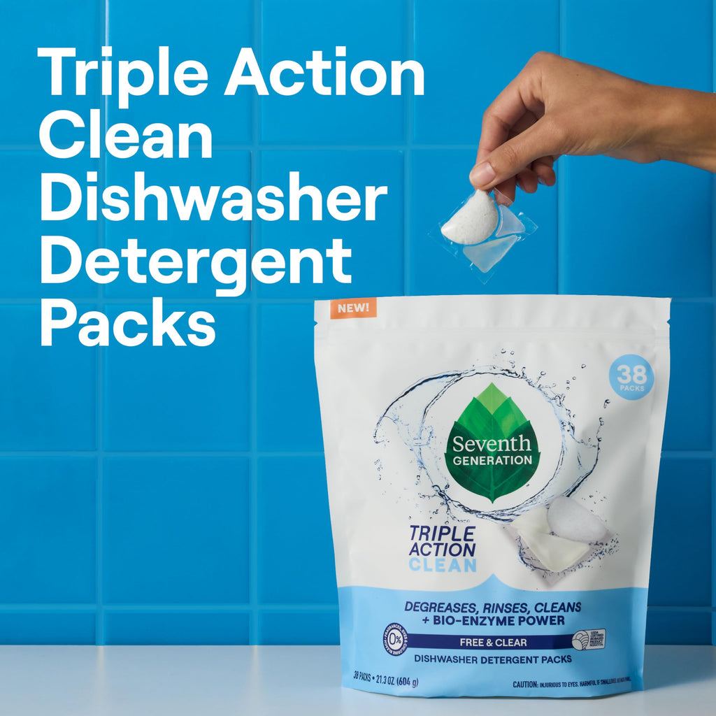 Buy now Seventh Generation Triple Action Clean Automatic Dishwasher Detergent Packs with Bio-Enzyme Power, Free & Clear, Fights 48-hour Stuck-on Food, 54 count at indiglob india