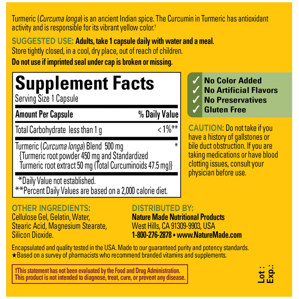 Nature Made Turmeric Curcumin 500 mg, Herbal Supplements, 60 Capsules