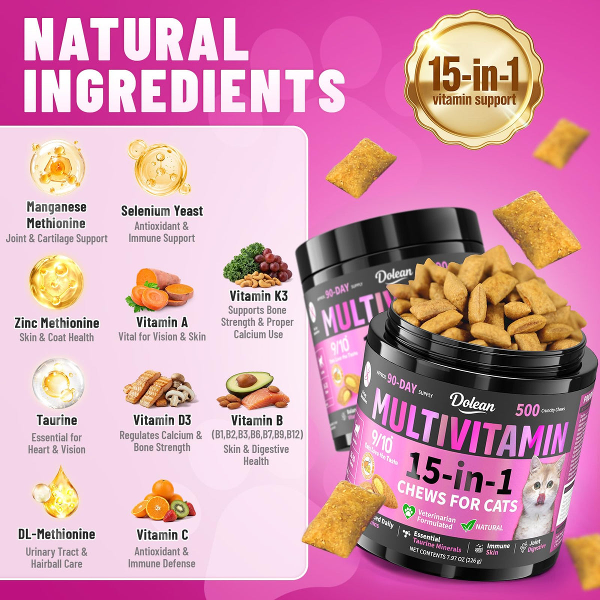 Taurine for Cats Vitamins, 15 in 1 Cat Multivitamin Immune Support, 500ct