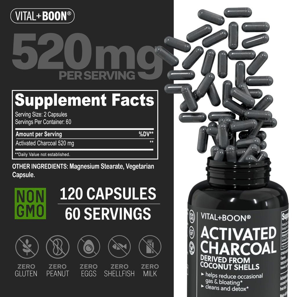 Vital+Boon Activated Charcoal Pills, Coconut Shell (120 Capsules)
