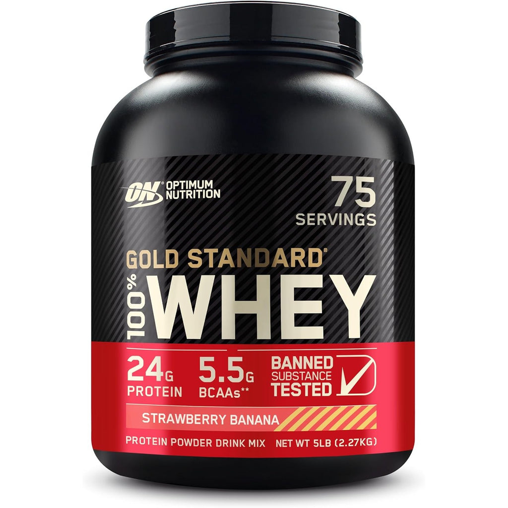 Buy now Optimum Nutrition Gold Standard 100% Whey Protein Powder, Strawberry Banana, 5 Pound (Packaging May Vary) at indiglob india