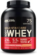 Buy now Optimum Nutrition Gold Standard 100% Whey Protein Powder, Strawberry Banana, 5 Pound (Packaging May Vary) at indiglob india