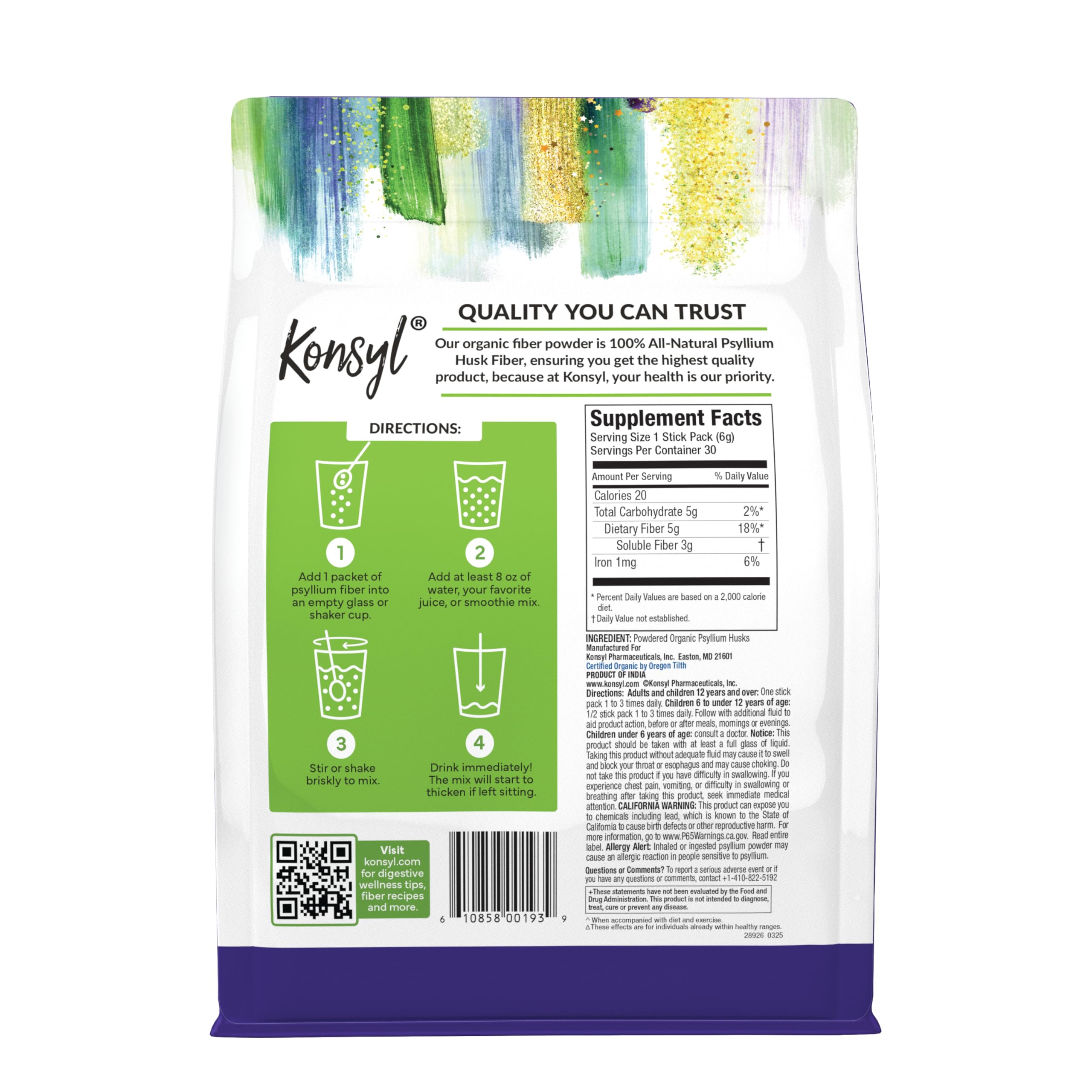 Konsyl USDA Organic Psyllium Husk Powder - 5g Sticks, 30 Pack - Natural Unflavored Soluble Dietary Fiber Supplement - Fiber Prebiotic for Digestive Support and Gut Health - Sugar Free, Keto & Vegan