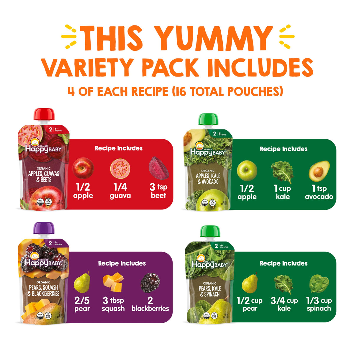 HAPPY BABY Clearly Crafted, Stage 2, Fruit & Veggie Variety Pack, 4oz (16)