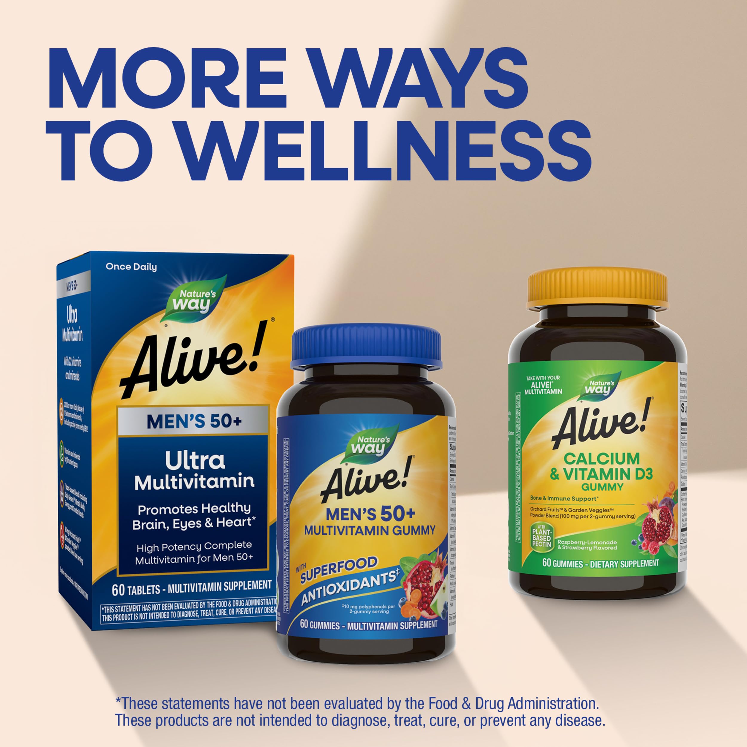 Nature's Way Alive! Men’s 50 Plus Multivitamin Gummy, Fruit-Flavored, 60 ct | Daily Chewable Multivitamins for Men with B-Vitamins, Vitamin D3 & Zinc, Supports Heart, Eye & Energy Metabolism,*