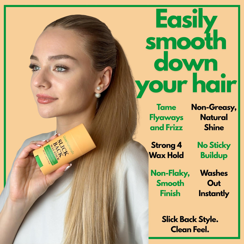 GranNaturals Slick Back Hair Wax Stick for Women - Castor, Jojoba, Coconut, Meadowfoam Oils - Smoothing Stray Flyaways, Taming Frizz, Styling Sleek Bun & Ponytail w/Rosemary Leaf Extract - 2.29 oz