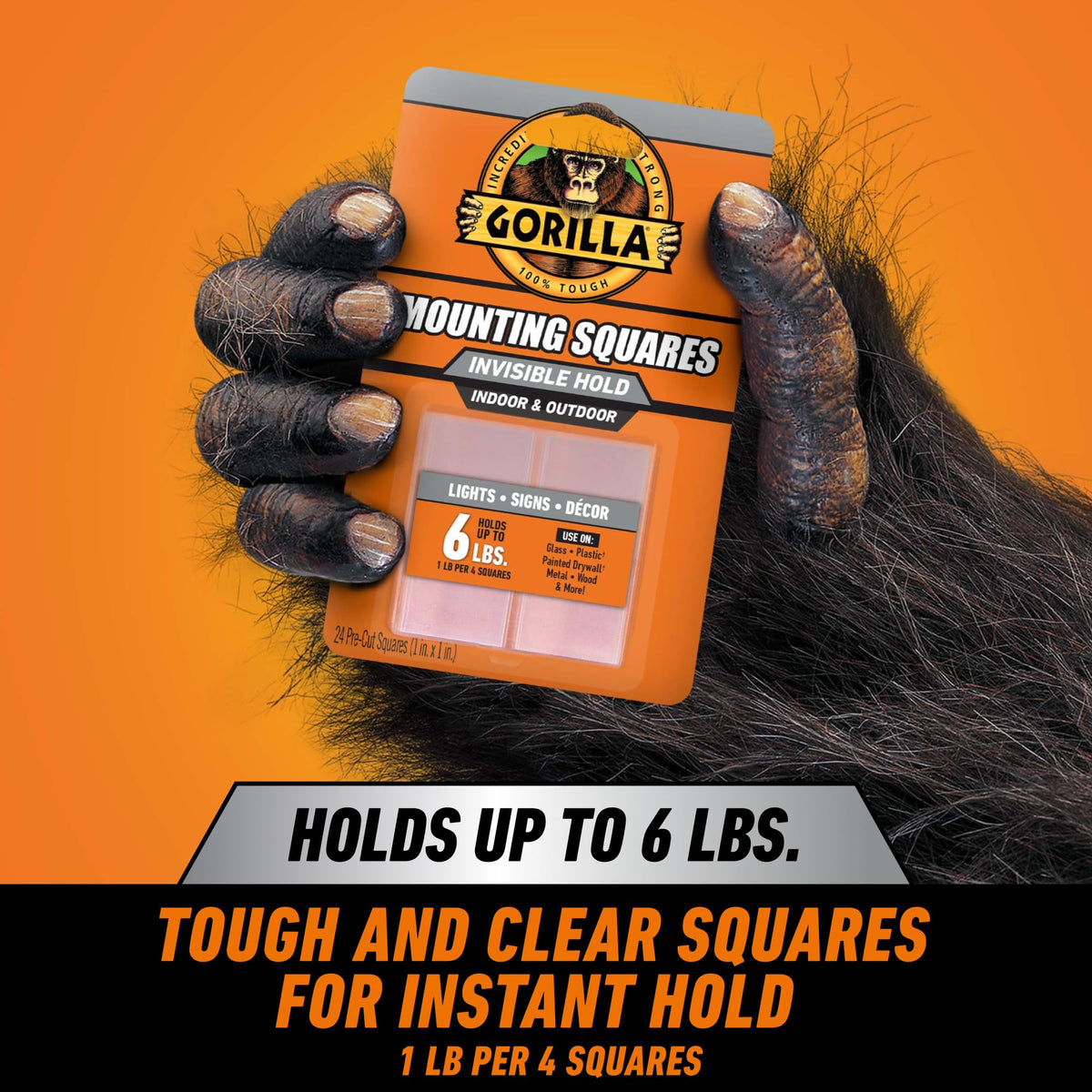 GORILLA Invisible Hold Double Sided Tape, 24 Pre-Cut 1" Mounting Squares