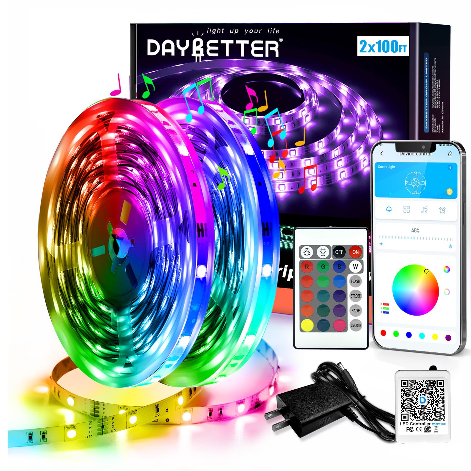 Buy now DAYBETTER Led Strip Lights 100 ft Smart with App Remote Control, 5050 RGB for Bedroom, Living Room, Home Decoration, Music Sync Color Changing for Room Party(2 Rolls of 50 ft) Multicolor 200FT at indiglob india
