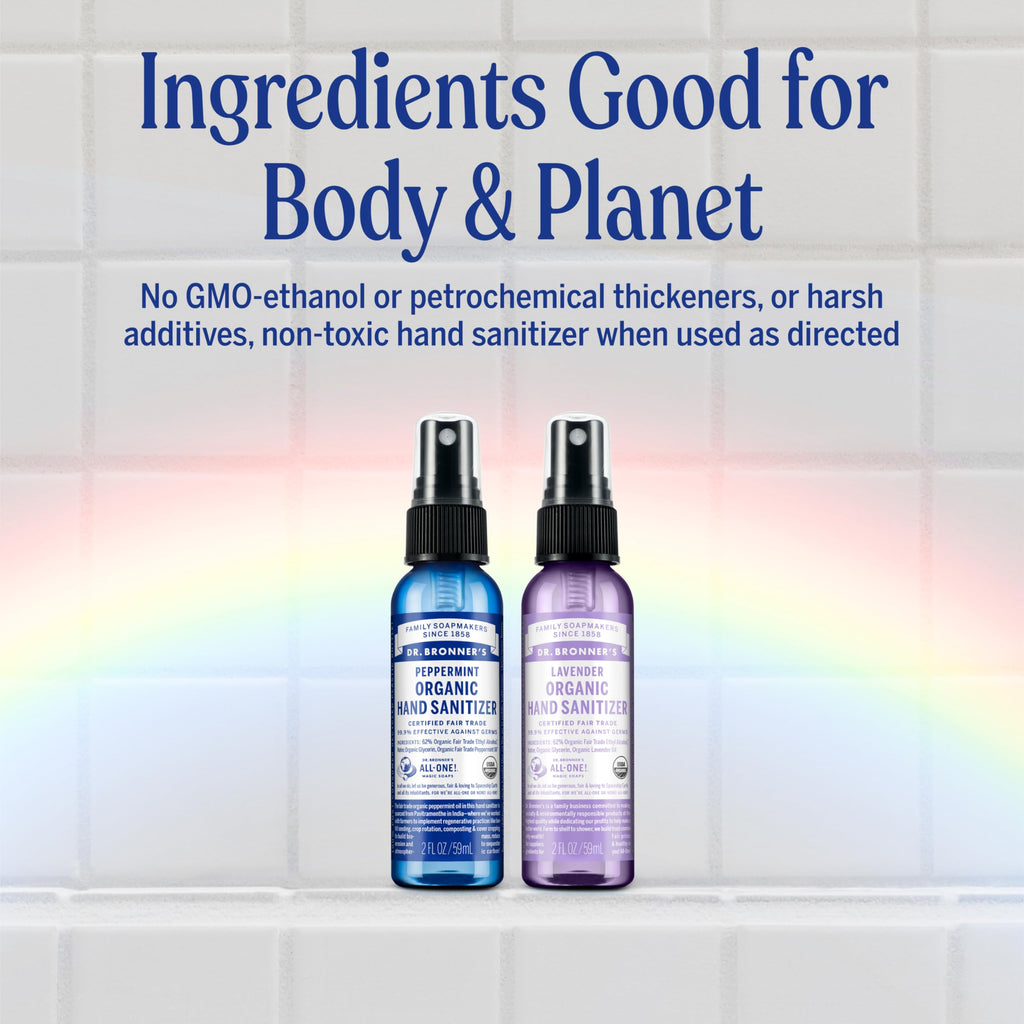 Dr. Bronner's - Organic Hand Sanitizer Spray (Lavender, 2 Ounce, 2-Pack) - Simple and Effective Formula, Cleanses & Sanitizes, No Harsh Chemicals, Moisturizes and Cleans Hands
