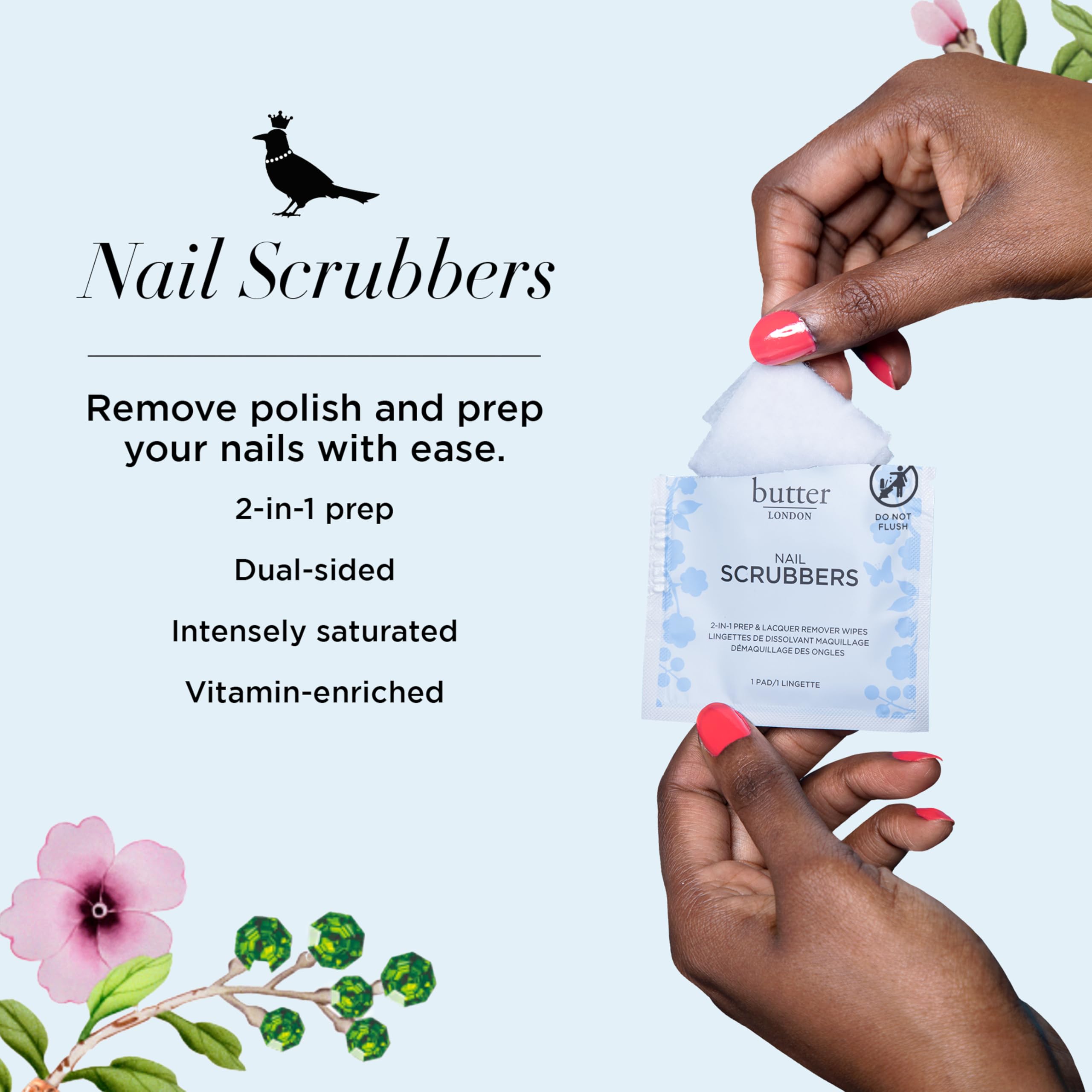 butter LONDON Pre-Soaked Nail Polish Remover Pads, Nail Scrubbers - 2-in-1 Prep & Lacquer Remover Nail Wipes - Gel Fingernail Polish Remover - Cruelty-Free, Paraben-Free, & Gluten-Free