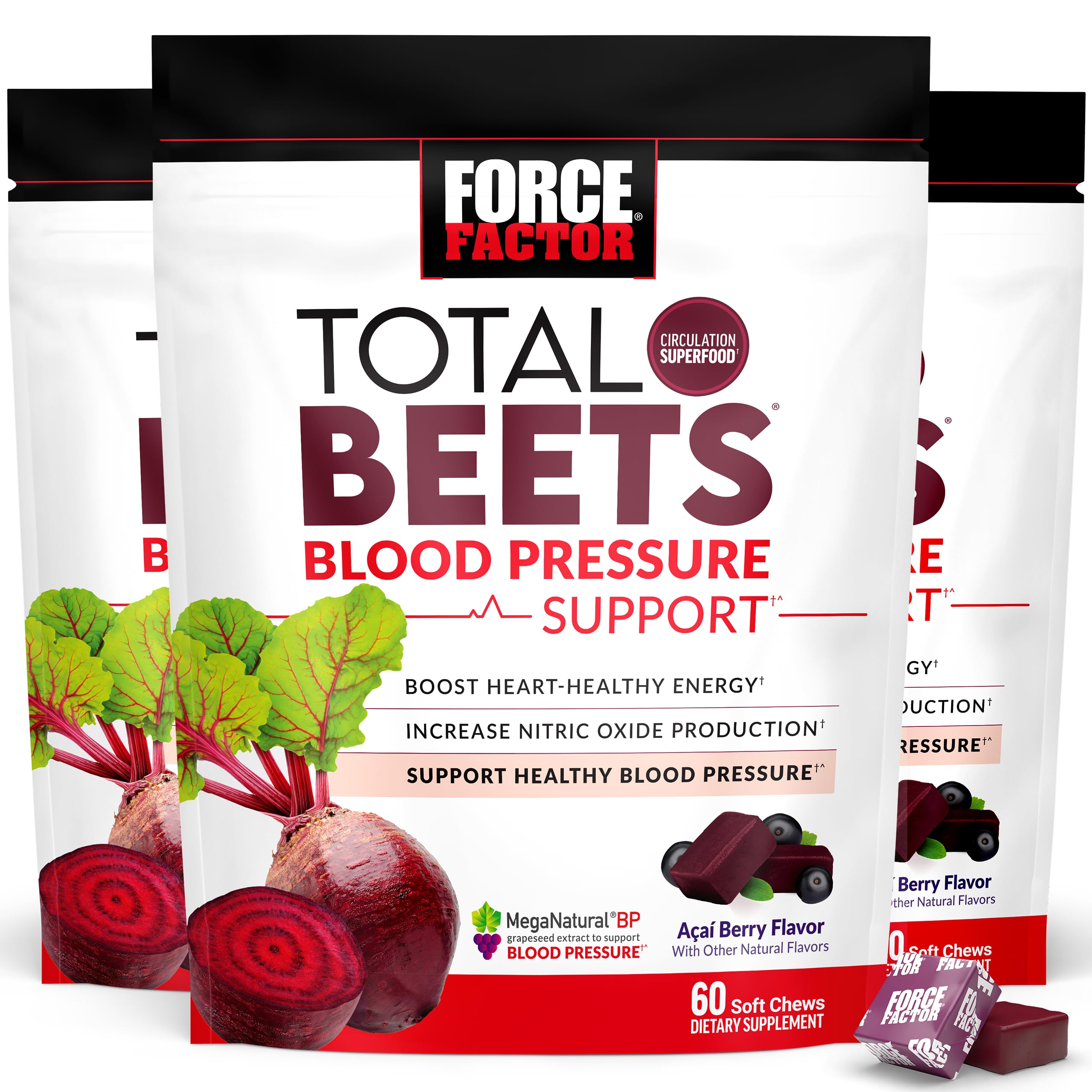 Force Factor Total Beets Blood Pressure Support & Nitric Oxide Supplement | with Beet Root Powder & Grape Seed Extract for Heart Health, Acai Berry Flavor, 120 Beet Chews, 2-Pack