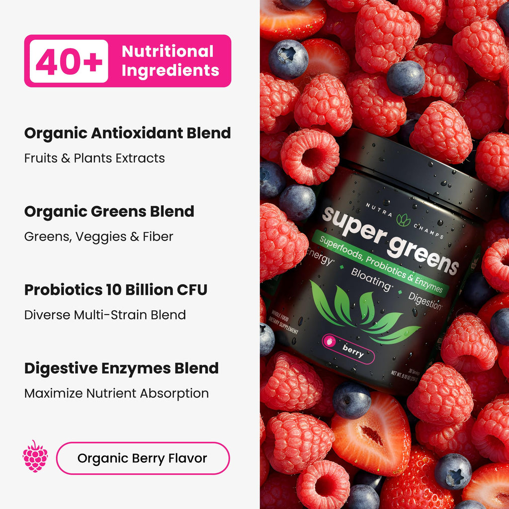 SuperGreens Powder, 40+ Organic Superfoods, Probiotics & Enzymes for Energy, Digestion, Gut Health & Bloating | Organic Fruit & Veggie Drink Mix, Daily Green Juice Smoothie Blend, Spinach, Noni Plus