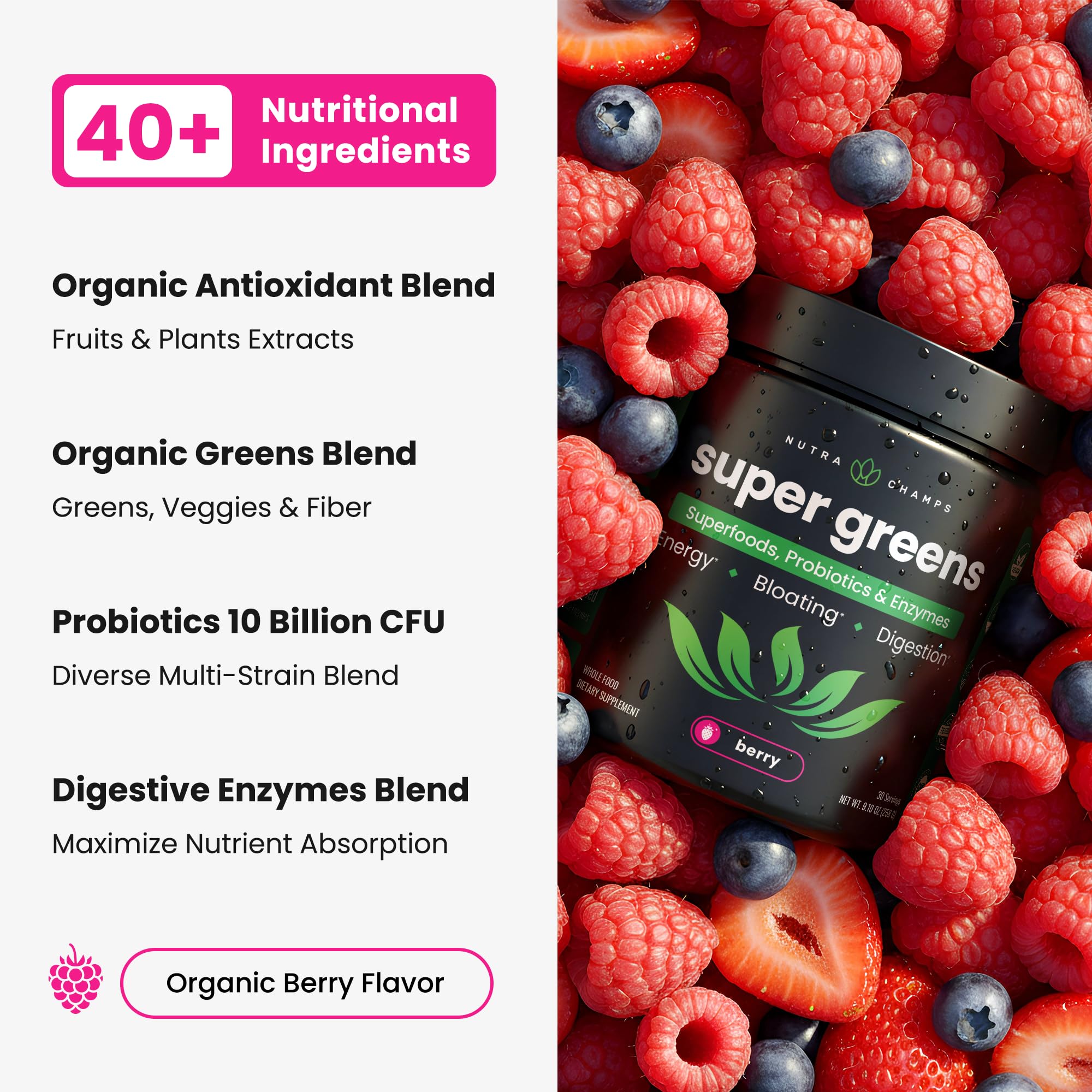 SuperGreens Powder, 40+ Organic Superfoods, Probiotics & Enzymes for Energy, Digestion, Gut Health & Bloating | Organic Fruit & Veggie Drink Mix, Daily Green Juice Smoothie Blend, Spinach, Noni Plus
